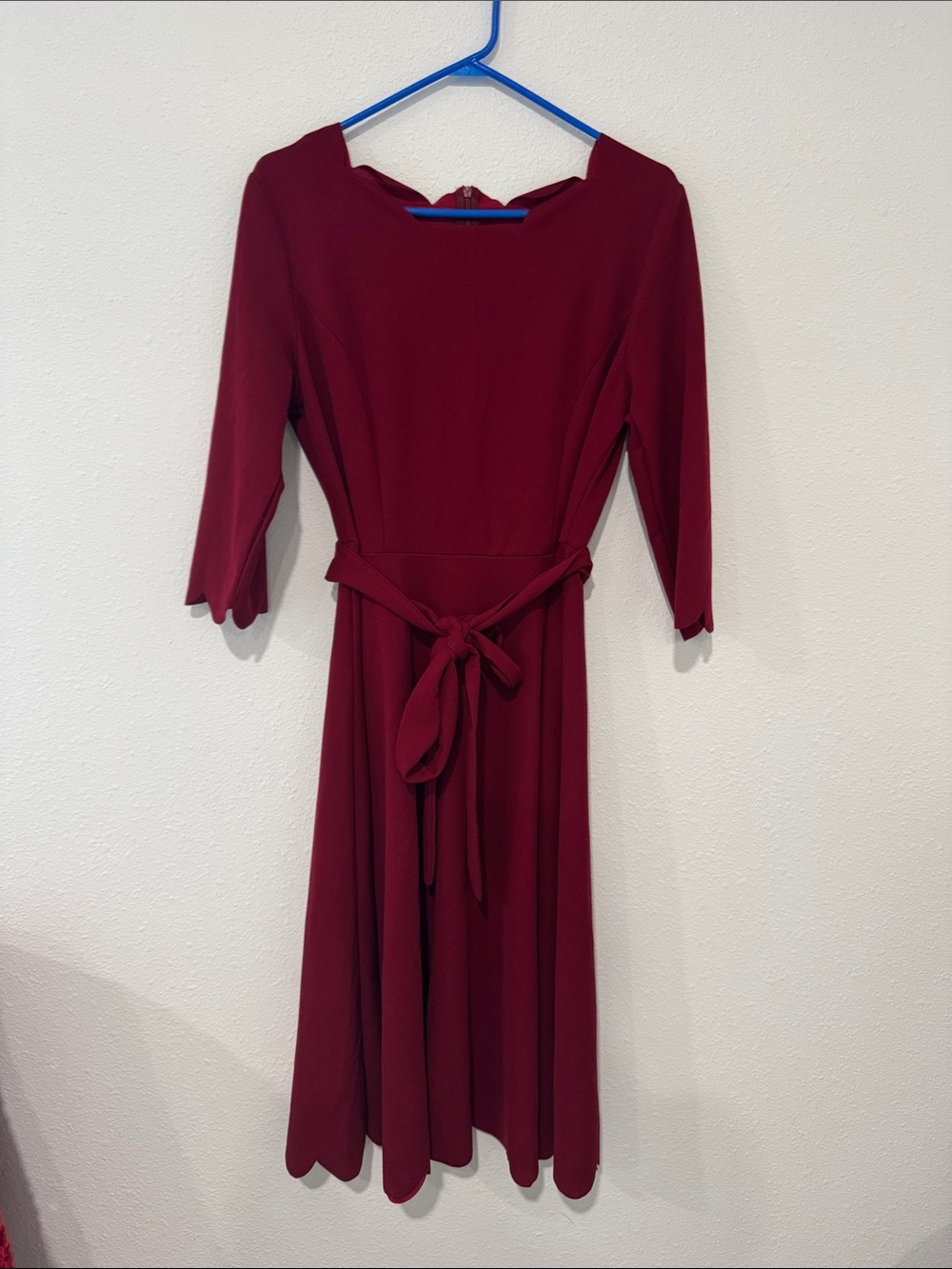 Women's Large Scallop-Hem Belted Midi Dress - Burgundy